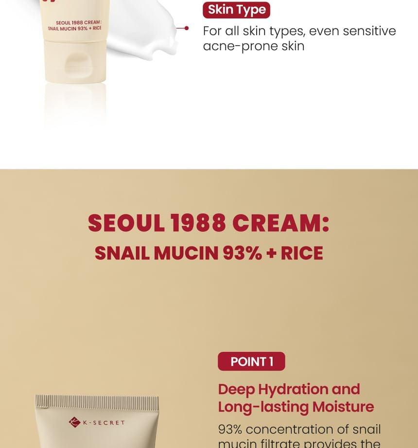 KSECRET SEOUL 1988 Cream : Snail Mucin 93% + Rice 50ml